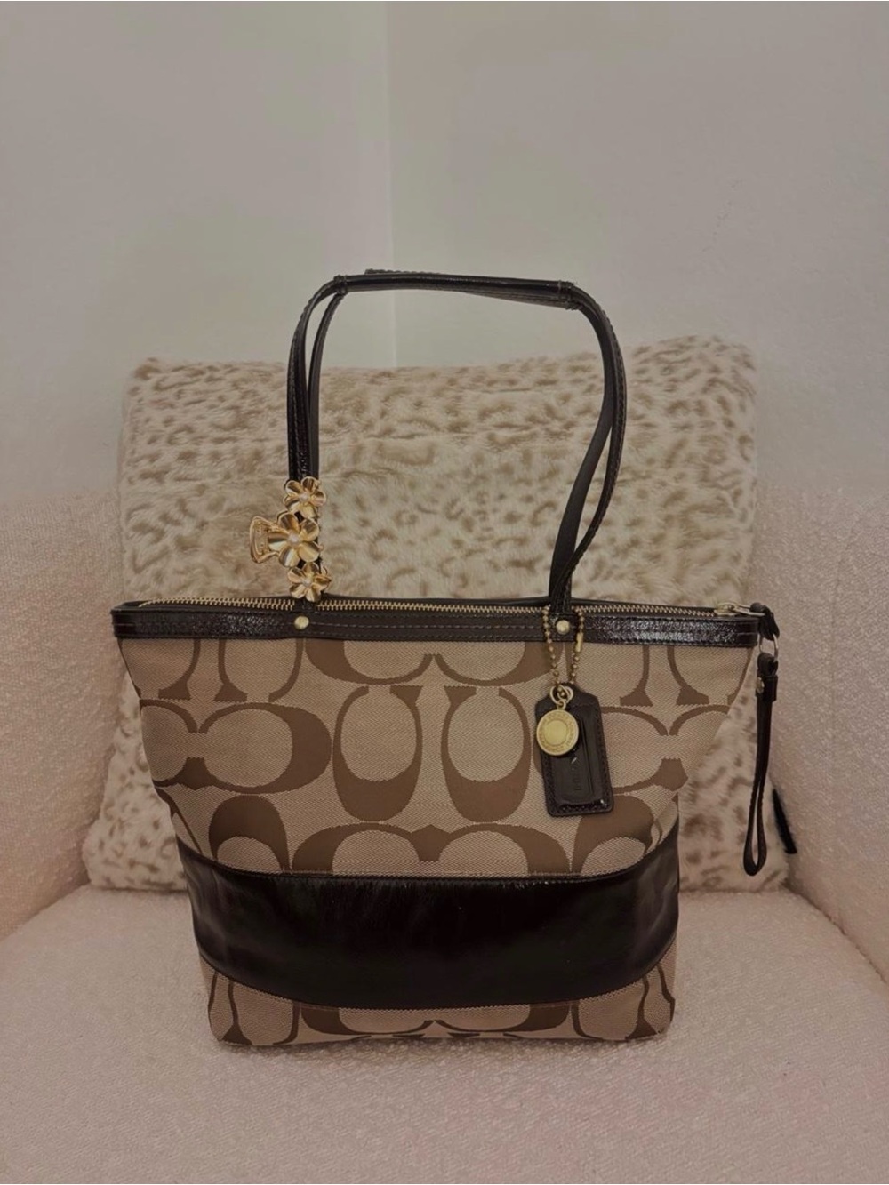 Coach Tote in Khaki Signature Canvas with Dark Brown Trim